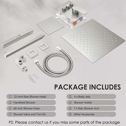 Brushed Nickel Shower Systems with 4 Body Spray Jets, STARBATH 12" Rainfall Shower Head with Handheld Combo, Can Use All at Once, Push Button Shower Jets System in Wall Shower Faucet Sets Complete