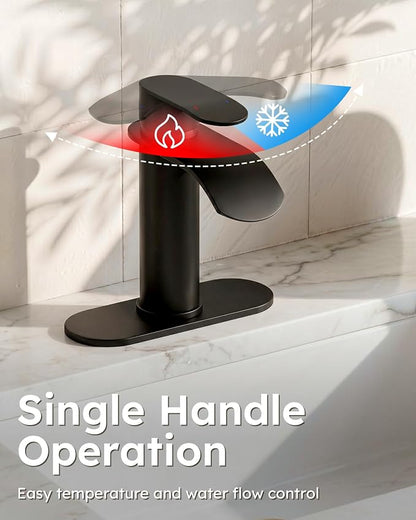 WOWOW Waterfall Bathroom Faucet Matte Black: Bathroom Sink Faucet for 1 Hole or 3 Holes, Single Handle Vanity Faucet with Pop up Drain, Stainless Steel Basin Sink Tap for RV Lavatory