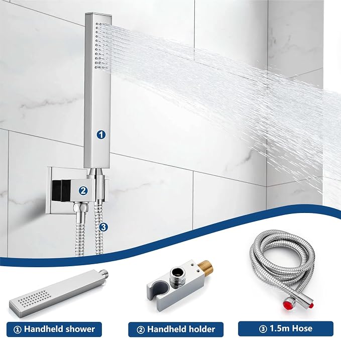 Midanya Shower System with Tub Spout,12 Inch Shower Head,Polish Chrome | with Valve & Trim Kit,Square Rain Head,Handheld Sprayer,Waterfall Spout,All Metal Wall Mount Bathroom Shower Tub Faucet Set