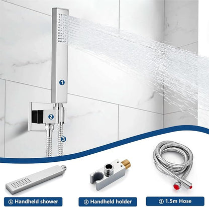 Midanya Shower System with Tub Spout,12 Inch Shower Head,Polish Chrome | with Valve & Trim Kit,Square Rain Head,Handheld Sprayer,Waterfall Spout,All Metal Wall Mount Bathroom Shower Tub Faucet Set