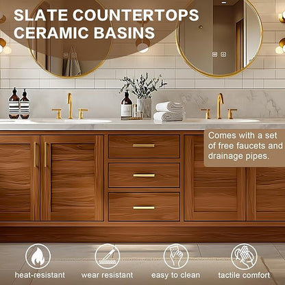 80IN Bathroom Vanity - Retro Bathroom Vanity with Double Sinks Includes Round Mirror & Wood Grain Cabinets|Retro Log Style,Exquisite Handle,LED Smart Defogging Mirror