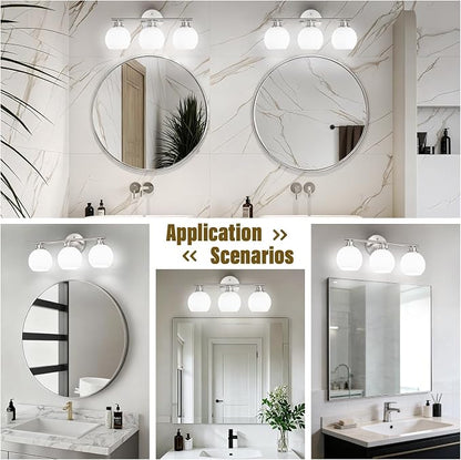 Brushed Nickel Bathroom Light Fixtures, 3-Light Vanity Light Over Mirror | Modern Bathroom Lighting Over Mirror, Wall Sconces, Milky White Globe Glass Shades, E26 Socket,ETL Listed