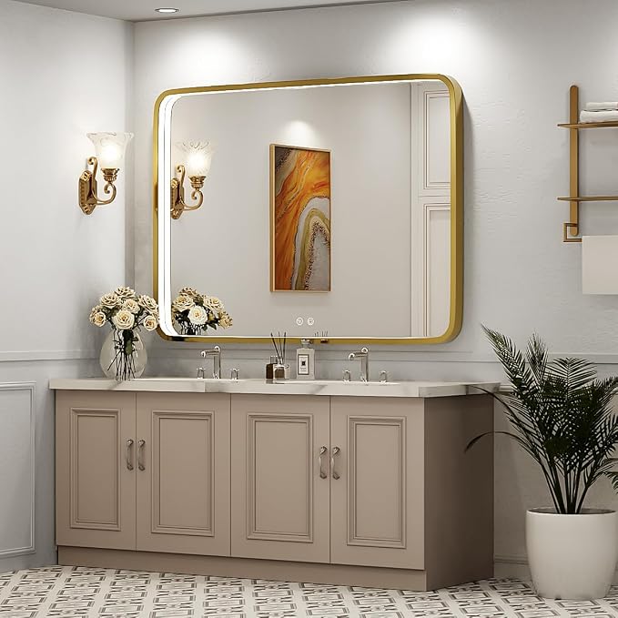 40x30 Inch Gold Frame LED Bathroom Mirror,ETL Listed | Anti-Fog,3 Color 3000K/4500K/6000K Dimmable,Horizontal & Vertical,Wall Mounted,Memory Function