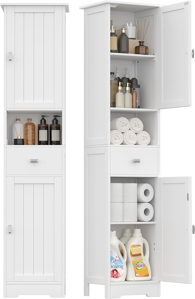 Akxomel 67" H Narrow Tall Bathroom Cabinet with 2 Doors and Storage Drawer | Floor Cabinet with Adjustable Shelves, Anti-Tip Design, 11.0 x 12.6 x 66.9 Inches, for Bathroom, Kitchen，Entryway, White