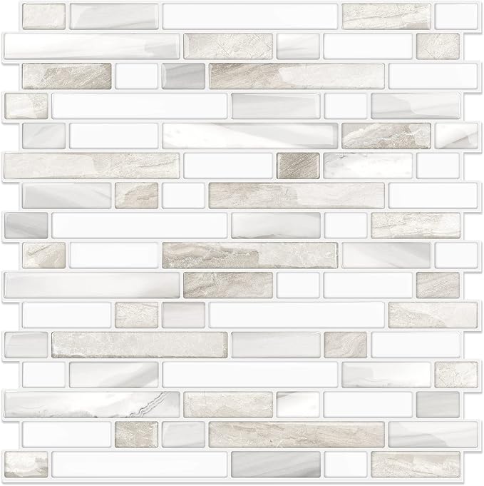 STICKGOO Thicker Design Peel and Stick, Self Adhesive Stick On Tile Backsplash for Kitchen and Bathroom, Beige & White, 12”×12”, 10 Sheets