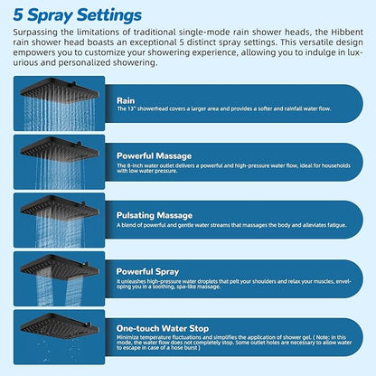 Hibbent cUPC Certified High Pressue 13'' Rainfall Shower Head with 5-Spray | Shower Heads with Handheld 10-Spray Combo, All Metal Easy Reach 4-way Diverter Arm, 71'' Hose & Holder, Matte Black