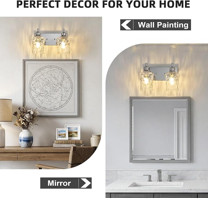 Bathroom Light Fixtures Farmhouse Chrome Vanity Lights for Bathroom Lighting Fixtures Over Mirror with Hammered Glass Lampshade for Cabinet Mirror Bedroom Hallway 2 Light