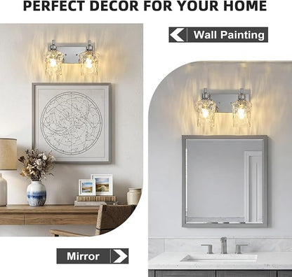 Bathroom Light Fixtures Farmhouse Chrome Vanity Lights for Bathroom Lighting Fixtures Over Mirror with Hammered Glass Lampshade for Cabinet Mirror Bedroom Hallway 2 Light