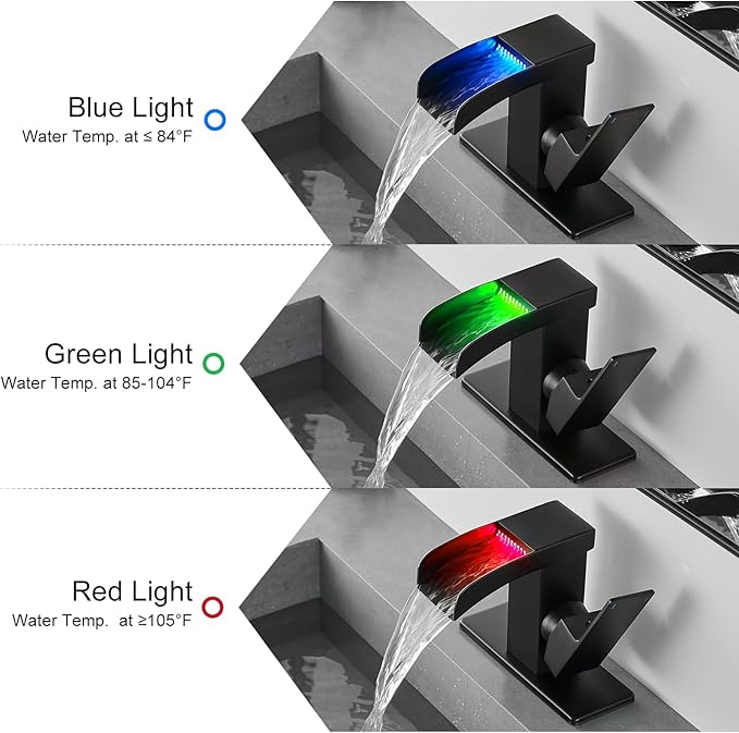 Matte Black LED Waterfall Bathroom Faucet, Single Hole Bathroom Sink Faucet, 3 Colors Light Changing Single Handle Vanity Faucets with cUPC Supply Lines, Stainless Steel