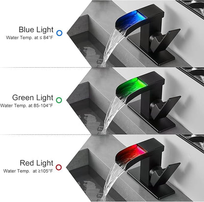 Matte Black LED Waterfall Bathroom Faucet, Single Hole Bathroom Sink Faucet, 3 Colors Light Changing Single Handle Vanity Faucets with cUPC Supply Lines, Stainless Steel