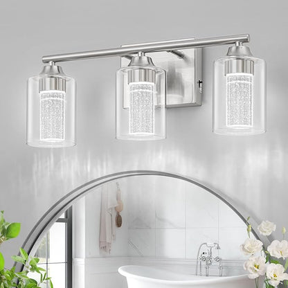3-Light Brushed Nickel Bathroom Vanity Light with 3 Color Modes (3000K/4000K/6000K), Dimmable Modern Wall Light Over Mirror with Clear Glass Shade