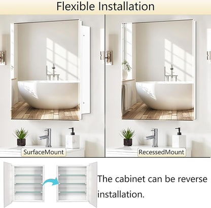 20x20 Inch Medicine Cabinet, Square Beveled Frameless Mirror, Adjustable Shelves, Already Assembly, Recess or Surface Mount Installation for Bathroom Toilet