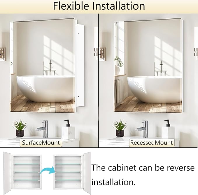 Medicine Cabinet with Beveled Mirror, 28x28 inch Square Mirror Cabinet, Recessed or Wall Mount, Bathroom Cabinet with Removable Shelves, Storage Suitable for Bathroom Bedroom