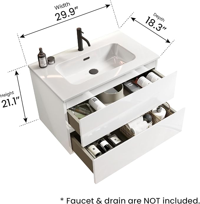 30" Bathroom Vanity with Sink, Modern Floating Vanity with Double Soft Closing Drawers, Large Storage for Small Space, Glossy White, Fully Assembled - Iris Collection