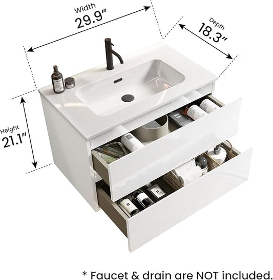 30" Bathroom Vanity with Sink, Modern Floating Vanity with Double Soft Closing Drawers, Large Storage for Small Space, Glossy White, Fully Assembled - Iris Collection