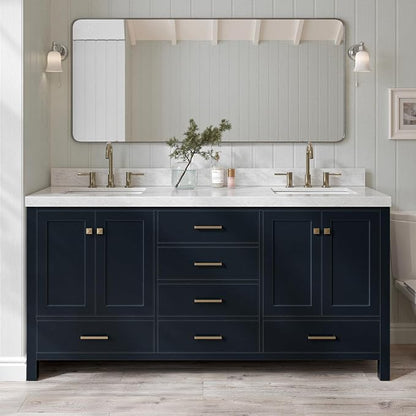 ARIEL Cambridge 72-inch Bathroom Vanity with Sink,Solid Wood, 2-inch Italian Carrara Marble Countertop, Double Rectangular Porcelain Sink, 4 Soft Closing Doors, 6 Dovetail Drawers, Midnight Blue