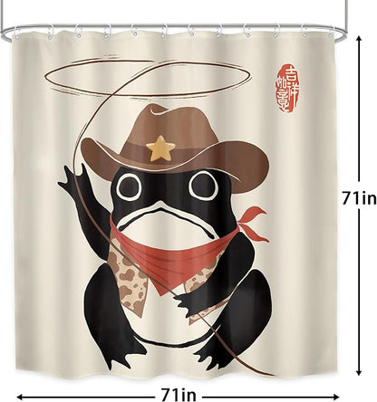 LGhtyro Funny Cowboy Frog Shower Curtain Bathroom Set 71Wx71H Inches Retro Western Rodeo Animal Cute Hat Asian Traditional Japanese Art Bath Accessories Black Beige Art Home Decor Fabric 12 Pack Hooks