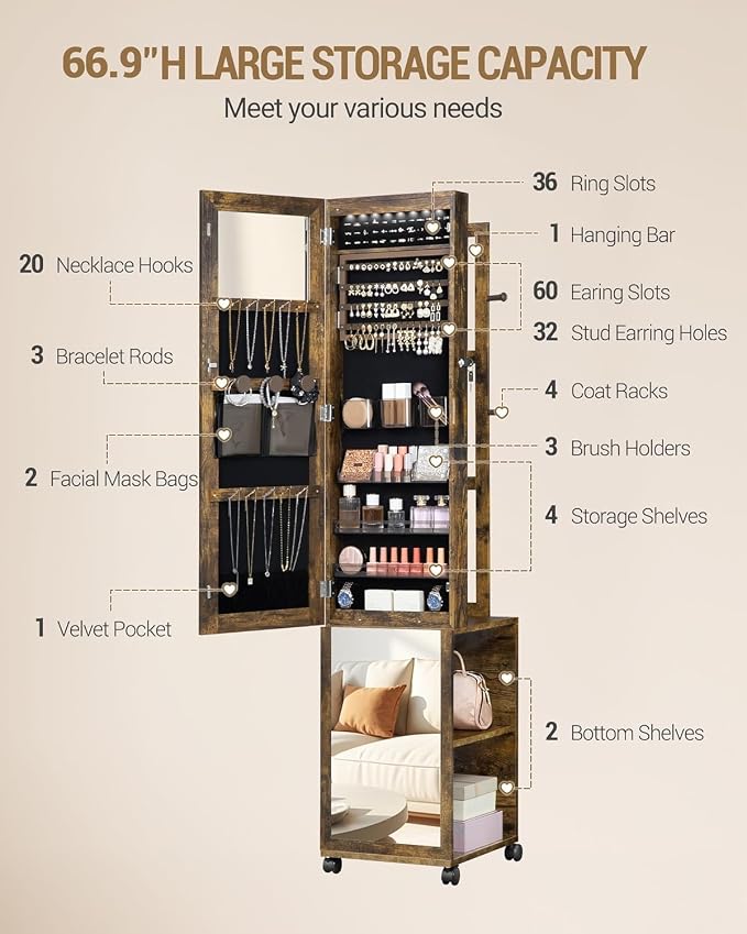 Hzuaneri 8 LEDs Jewelry Cabinet Armoire, 66.9-inch Jewelry Organizer | Lockable Full-length Mirror with Garment Rack & 4 Wheels, Storage Shelves with Hooks, 5-in-1, Toasted Oak JC17007B