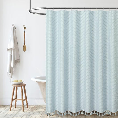 Boho Farmhouse Shower Curtain Tufted Chevron 72"x72" Fog Blue | Elegant Tassel, Soft Lightweight Textured Fabric, Water Repellent, Washable, Hotel Spa, for Bathroom/Dorm/Apartment 12 Hooks