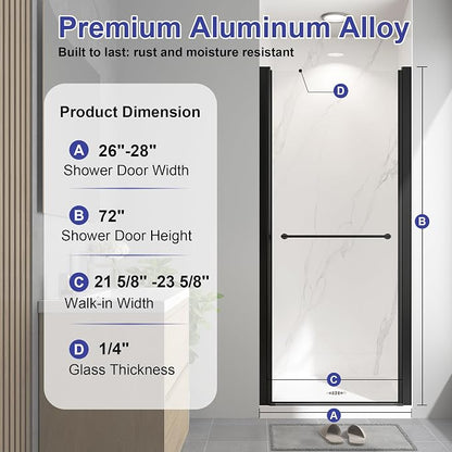 26"-28" W x 72" H Frameless Pivot Shower Door Matte Black | 1/4"(6mm) SGCC Tempered Glass with Explosion-Proof Film &Nano Coating,Customizable Width