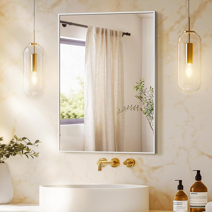 Bathroom Vanity Mirror for Wall, 20"x30" Bathroom Mirror for Over Sink | HD Shatterproof Glass, Rectangular Metal Frame, Horizontally or Vertically, Mirror for Bathroom, Living Room, Entryway,Silver