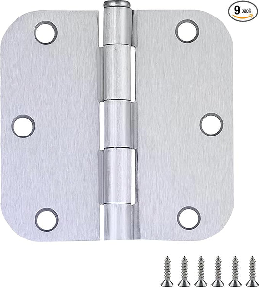 Design House Door Hinge, 3.5 in x 3.5 in, 5/8 in Radius, Interior, Rounded Steel, Removable Pin, Pre-Lubricated, Easy to Install, Brushed Chrome Finish, 9 Pack, 184473