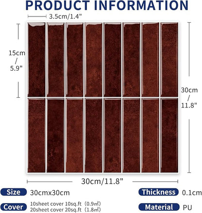 MORCART 10PCS 11.8"x11.8" Peel and Stick Backsplash, Vintage Red | 3D Adhesive Waterproof Wall Tiles for Kitchen, Bathroom, Living Room, Laundry Room, Subway Tiles