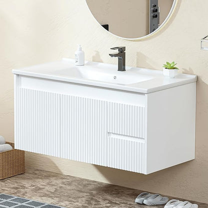 Floating Bathroom Vanity 40 Inch, Wall Mounted Bathroom Vanity with Ceramic Sink and 2 Drawers for Storage, Modern Wave-Carved Design Wooden Sink Cabinet, White