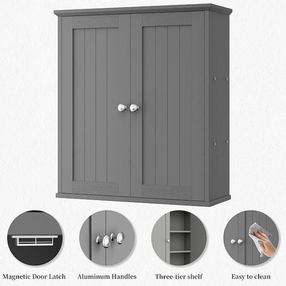 Shintenchi Bathroom Wall Medicine Cabinet, Over The Toilet Storage, Gray | Bathroom Storage Organizer Cupboard, with 2 Magnet Door and 3-Tier Shelves, Space Saving, Easy to Assemble & Clean