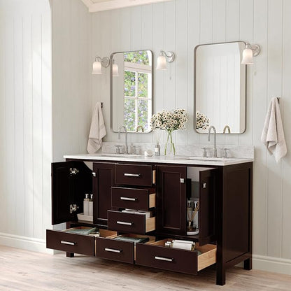 ARIEL Cambridge 60-inch Bathroom Vanity with Sink,Solid Wood, 0.75-inch Italian Carrara Marble Countertop, Double Rectangular Porcelain Sink, 4 Soft Closing Doors, 6 Dovetail Drawers, Espresso