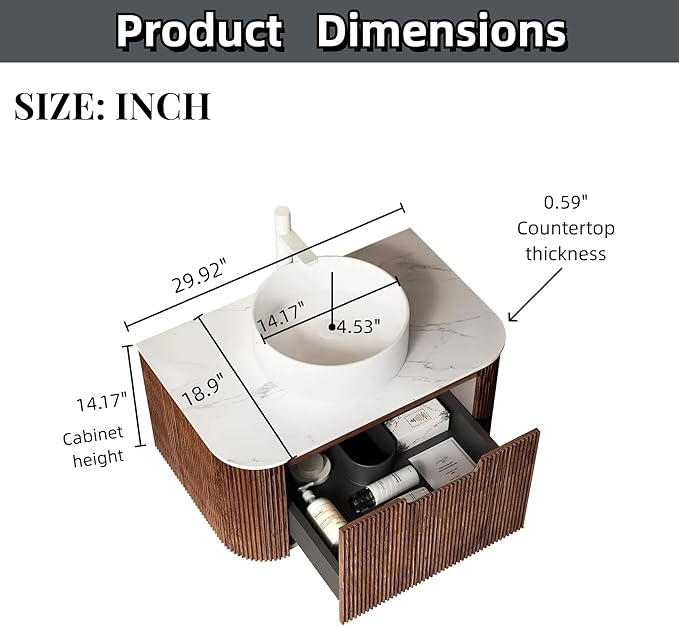30'' Floating Vanity with Sink Combo, Modern Wall-Mounted Curved Edges Striped Bathroom Storage Cabinet with Soft-Close Drawer and White Artificial Marble Basin, Dark Walnut