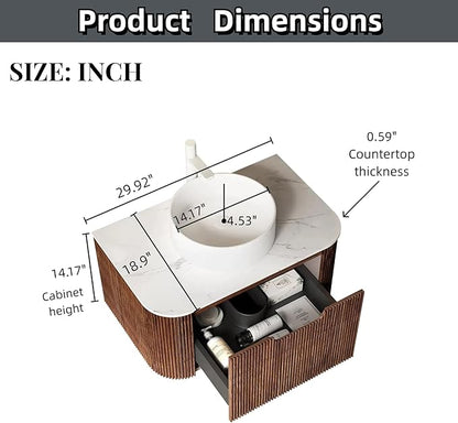 30'' Floating Vanity with Sink Combo, Modern Wall-Mounted Curved Edges Striped Bathroom Storage Cabinet with Soft-Close Drawer and White Artificial Marble Basin, Dark Walnut