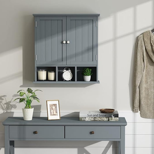 ChooChoo Bathroom Cabinet Wall Mounted 2-Door with 3 Open Shelves, Wooden Medicine Cabinets with Adjustable Shelf, Space Saver Storage Cabinets Over The Toilet for Bathroom&Living Room, Grey
