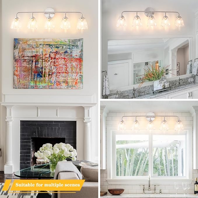 Vintage Vanity Light for Bathroom, Elegant Vanity Light with Flower Glass Shade, Brushed Nickel 5-Light Bathroom Lighting Fixtures Over Mirror, Wall Sconce Lighting for Bedroom, Living Room