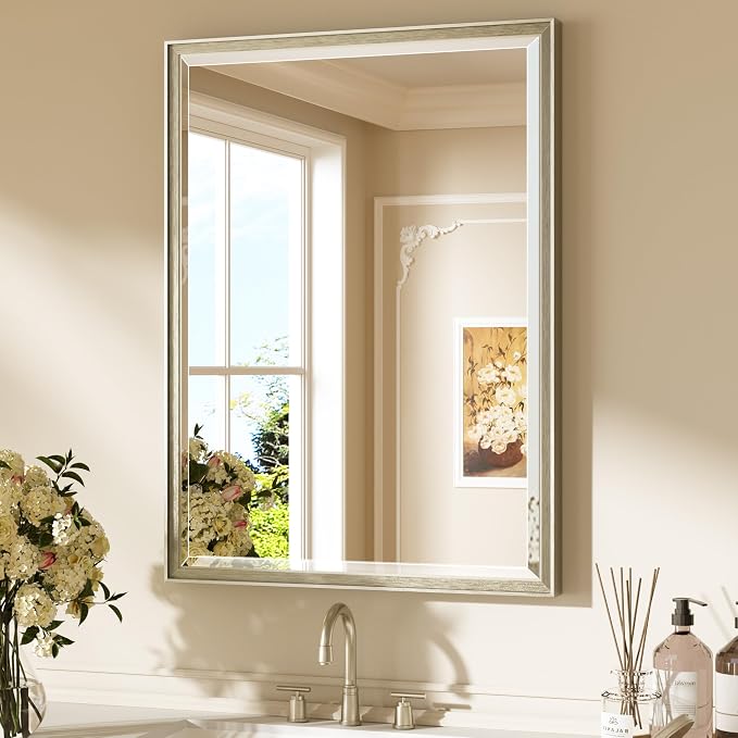 Keonjinn 24"x32" Brushed Nickel Mirror for Bathroom Sink, HD Tempered Glass | Aluminum Alloy Metal Framed, Rustproof & Waterproof, Secure French Cleat, Beveled Edge, Silver Bathroom Wall Mirror, Hallway