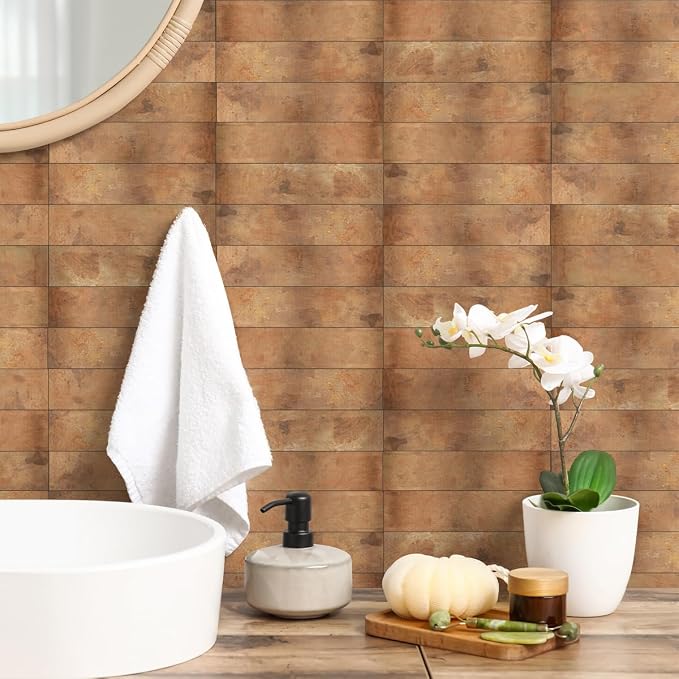 80-Piece Retro Copper Thick PVC Peel and Stick Backsplash, 2" x 8" Waterproof Subway Tile Peel and Stick Wall Tiles for Kitchen and Bathroom