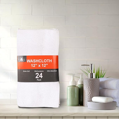 Towel and Linen Mart 100% Cotton - 24 PK Wash Cloth Set - White Color Flannel Face Cloths, Highly Absorbent and Soft Feel Fingertip Towels (White, Pack of 24)
