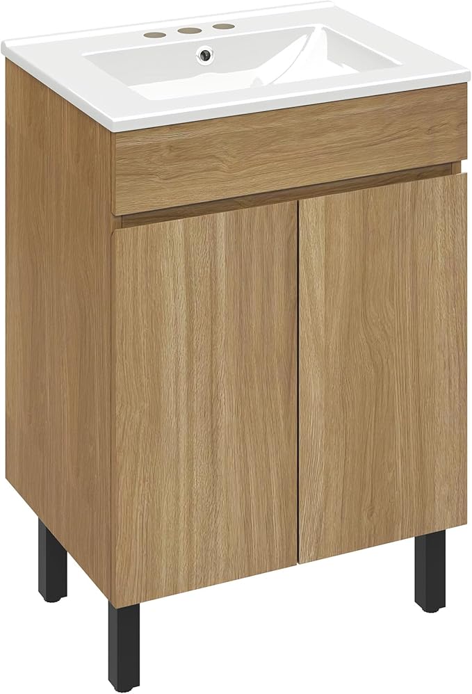 YITAHOME 24 Inch Bathroom Vanity with Sink, Bathroom Cabinet Vanity for Small Space, Freestanding Storage Bathroom Vanity with 2 Soft Closing Cabinets, Natural Brown