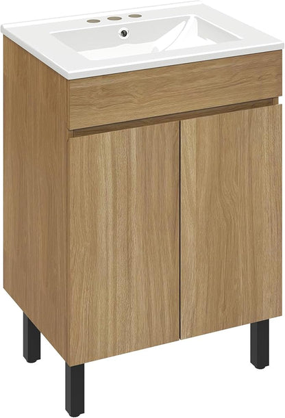 YITAHOME 24 Inch Bathroom Vanity with Sink, Bathroom Cabinet Vanity for Small Space, Freestanding Storage Bathroom Vanity with 2 Soft Closing Cabinets, Natural Brown