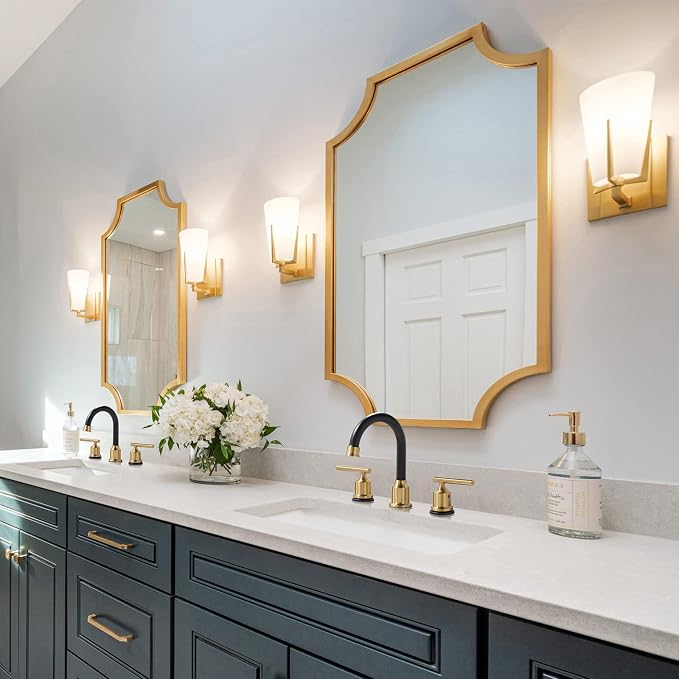 WOWOW 3 Hole Bathroom Faucet Widespread Bathroom Sink Faucet with Pop Up Drain Stopper Vanity Faucet 2 Handle Basin Taps Black and Gold Mixer Tap with Supply Hoses