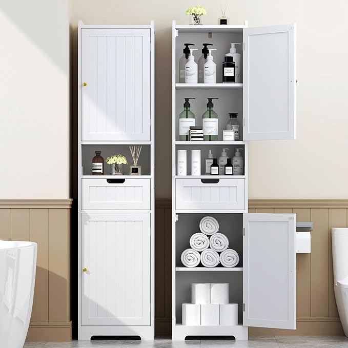 TidyHaven 67” Tall Bathroom Storage Cabinet, Slim Narrow Organizer with Adjustable Shelves, 2 Doors & 1 Drawer, Freestanding Floor Cabinet for Small Spaces, Kitchen, Living Room, White