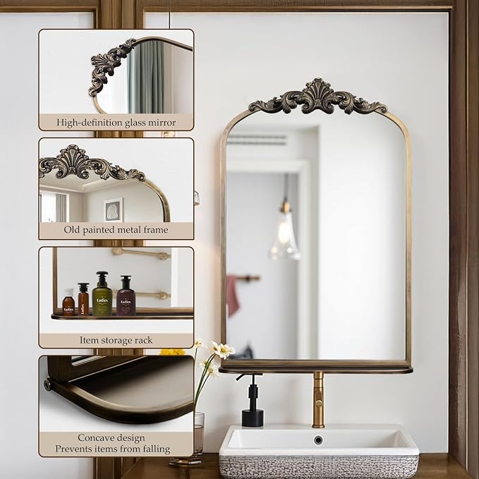 deerlove Traditional Arched Mirror with Shelf, 20.9x31.5 Inch, Antique Gold | Ornate Arched Design, Bronze Frame, Baroque Wall Mirror Shelf, For Bathroom, Bedroom, Entryway, Dining Room, Living Room