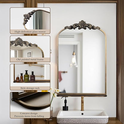 deerlove Traditional Arched Mirror with Shelf, 20.9x31.5 Inch, Antique Gold | Ornate Arched Design, Bronze Frame, Baroque Wall Mirror Shelf, For Bathroom, Bedroom, Entryway, Dining Room, Living Room