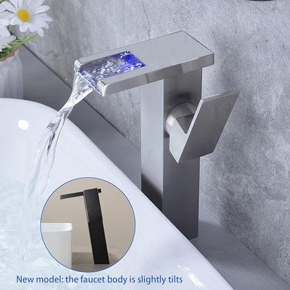 LED Waterfall Bathroom Sink Faucet, 3 Colors Spout Faucet with Water Supply Hose, Single Handle Single Hole Slanted Body Brass Mixer Vanity Sink Tap (Brushed Nickel)