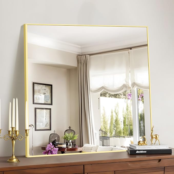 COFENY Gold Bathroom Mirror for Wall, 30x30 Inch Square Mirrors with Metal Frame, Modern Vanity Wall Mirror Decor for Bathroom Living Room, Entryway Hangs Horizontal or Vertical