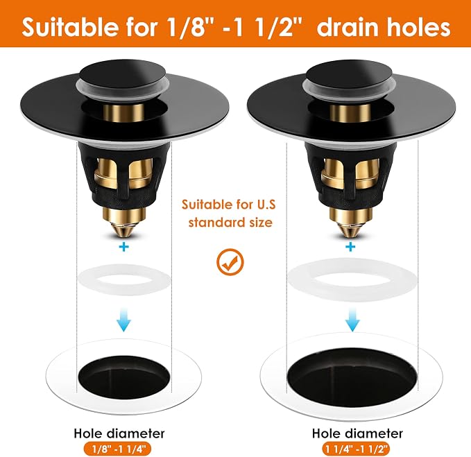 Universal Bathroom Sink Stopper, Basin Pop-up Bathroom Sink Drain Strainer, Bathroom Drain Stopper with Stainless Steel Hair Catcher for 1.1-1.5 Inch Drain(1 PCS, Black)