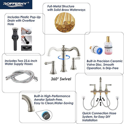 Brushed Nickel Bathroom Faucet 8 inch Widespread for 3 Holes, with 2 x 23.6 inch Water Supply Lines and Plastic Pop-Up Drain, Classic 2-Handle Bathroom Vanity Sink Faucet, 360° Swivel Spout