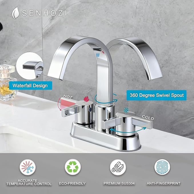 Bathroom Sink Faucet 3 Hole Chrome, 4 Inch Centerset | 360 Degree Swivel Waterfall Spout, Stainless Steel Bathroom Faucet for Sink 3 Hole, with Pop Up Drain, Chrome Bathroom Faucet