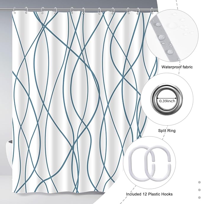 Striped Shower Curtain for Bathroom, Lake Blue, 72" W x 72" L | with Hooks, Modern Hotel Style, Water Repellent, Washable, Weighted Hem