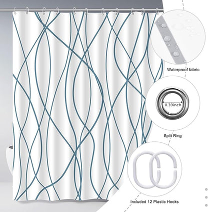 Striped Shower Curtain for Bathroom, Lake Blue, 72" W x 72" L | with Hooks, Modern Hotel Style, Water Repellent, Washable, Weighted Hem